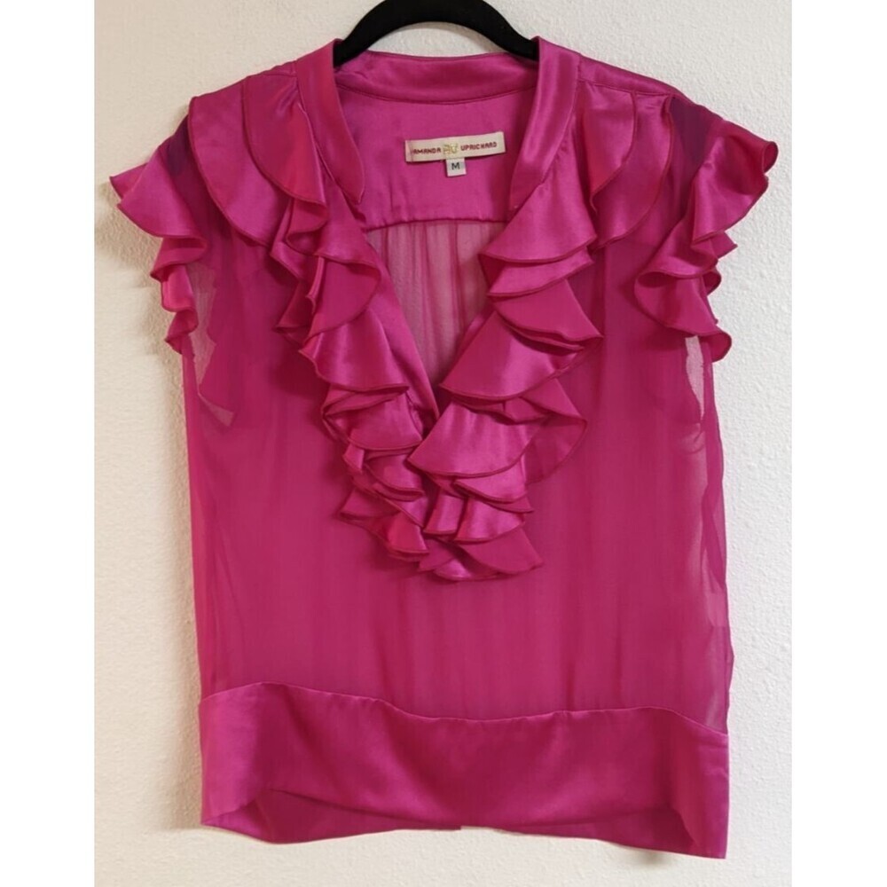 AMANDA UPRICHARD Magenta Pink Sheer 100% Silk Ruffle Neckline Blouse Medium